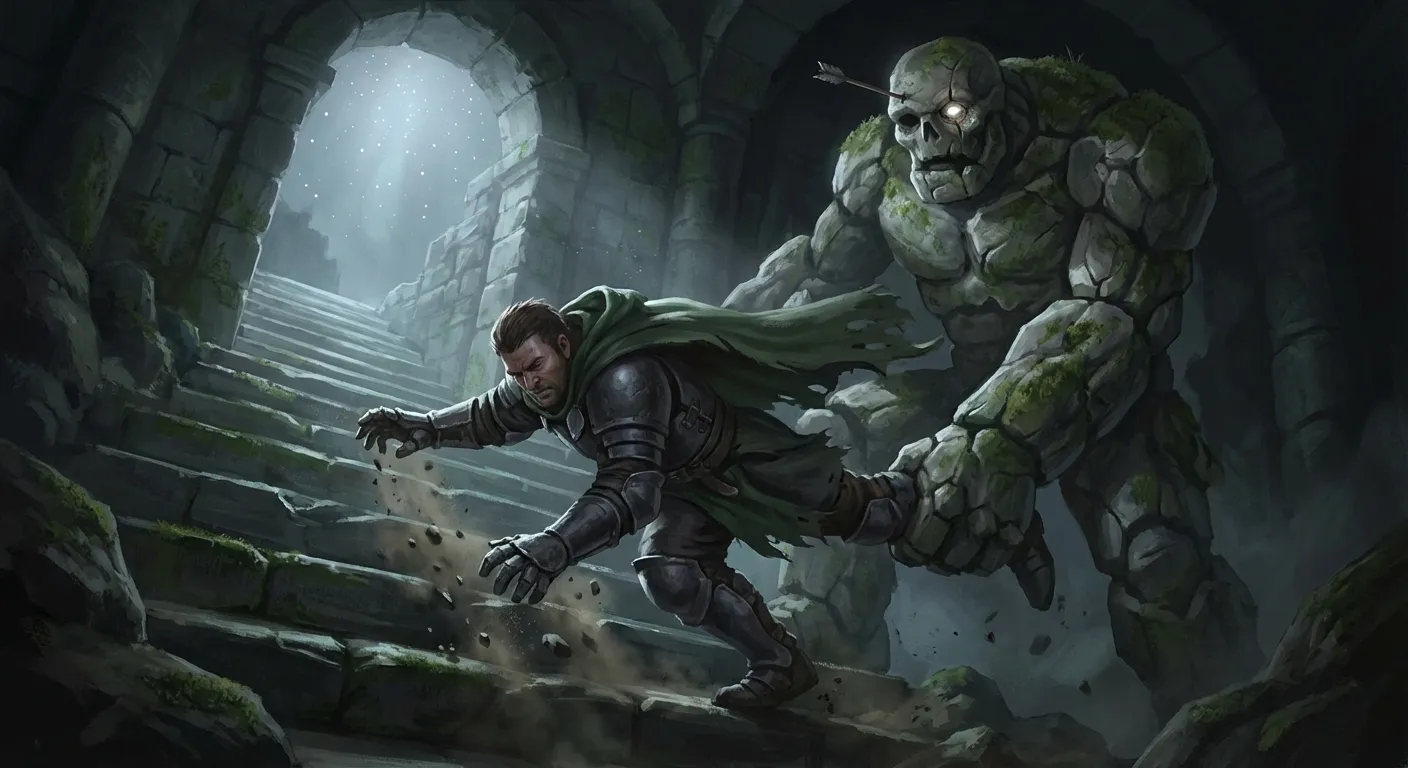 A barrow guardian drags Bancroft back down the steps